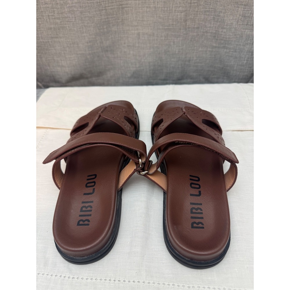 Bibi Lou Brown Leather Cut Slide Sandals Women 38 Flat 80132772 Spain size 7.5 8 - Picture 2 of 8